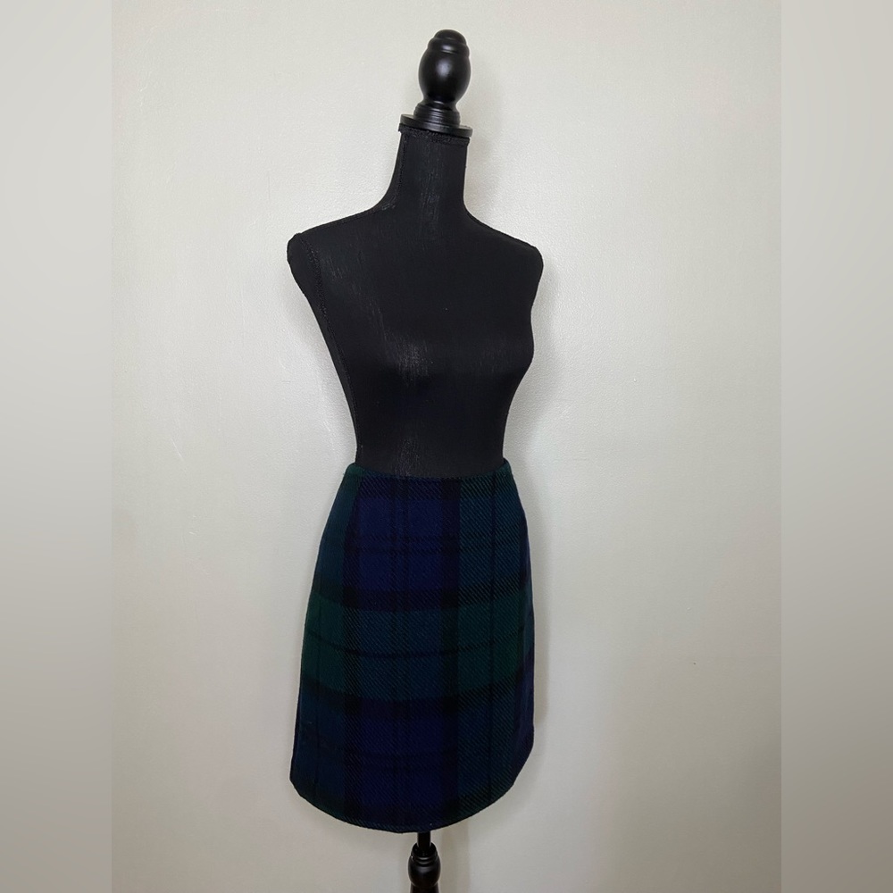 Wool Skirt Eddie Bauer Plaid Navy Blue & Green Size 10